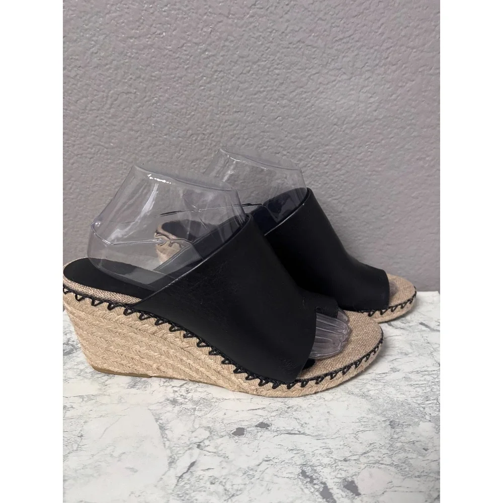 Vince. Womens 9M Espadrille Wedge Sandals Black Leather Jute Whipstitch Boho